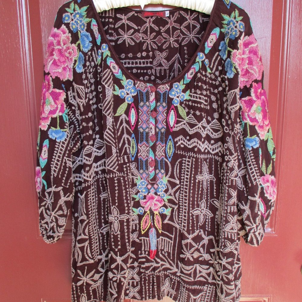 Johnny Was Blouse Green Pink Burgundy Floral 3/4 Sleeve LARGE EUC